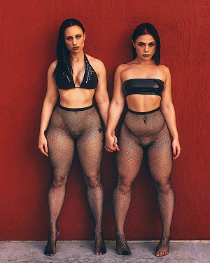 Two curvy women in fishnet pantyhose
